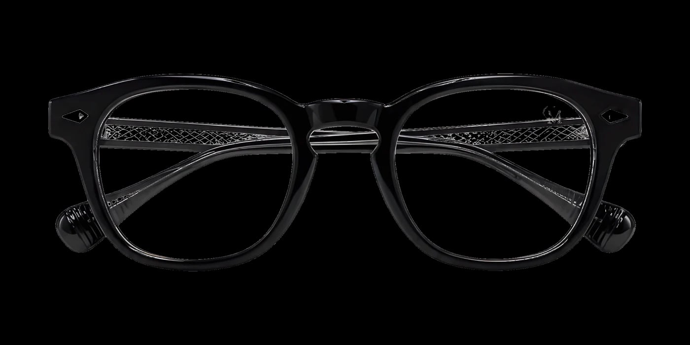 Óculos Clairmont Milan, armação preta de linhas marcantes, lentes transparentes e hastes com textura