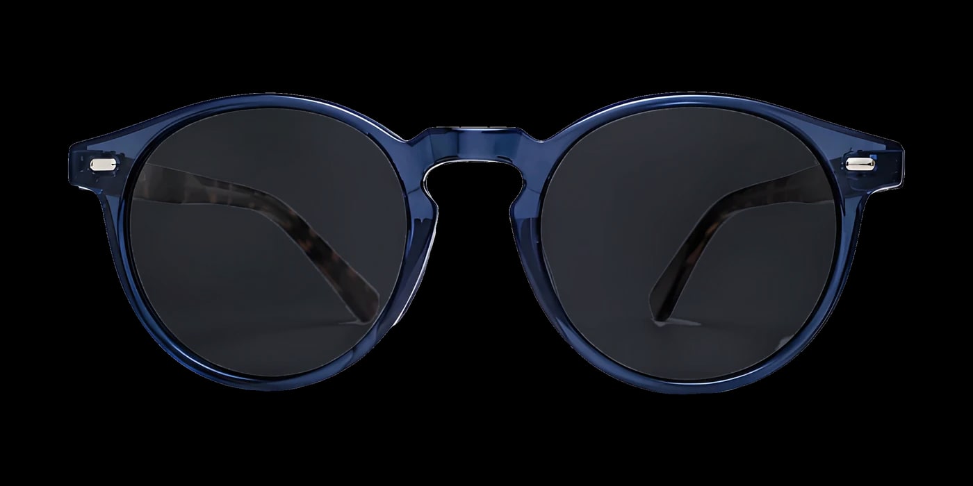 Óculos Clairmont Monaco azul, armação redonda azul-marinho, hastes tartaruga e lentes cinza-escuras