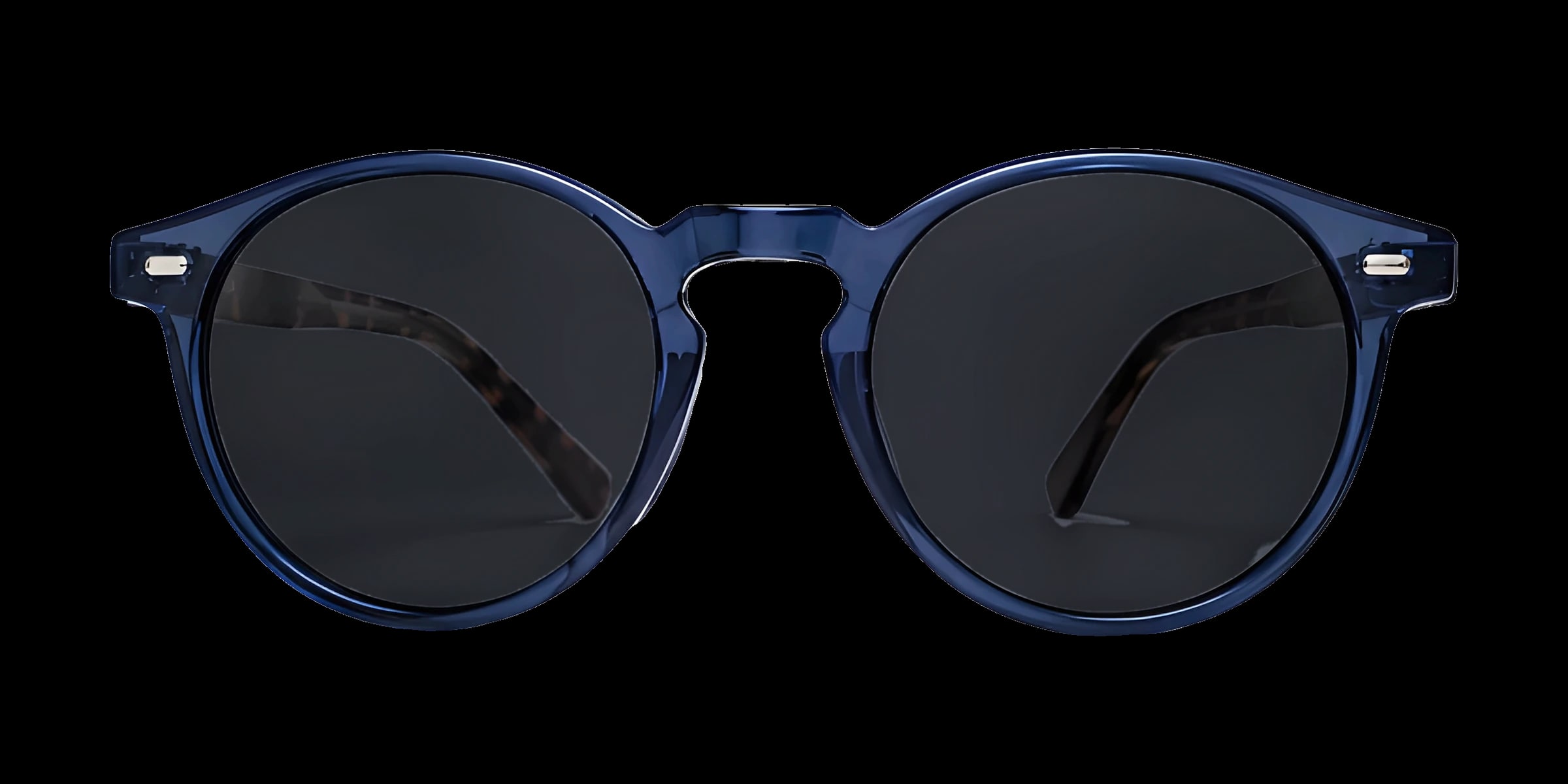 Óculos Clairmont Monaco azul, armação redonda azul-marinho, hastes tartaruga e lentes cinza-escuras